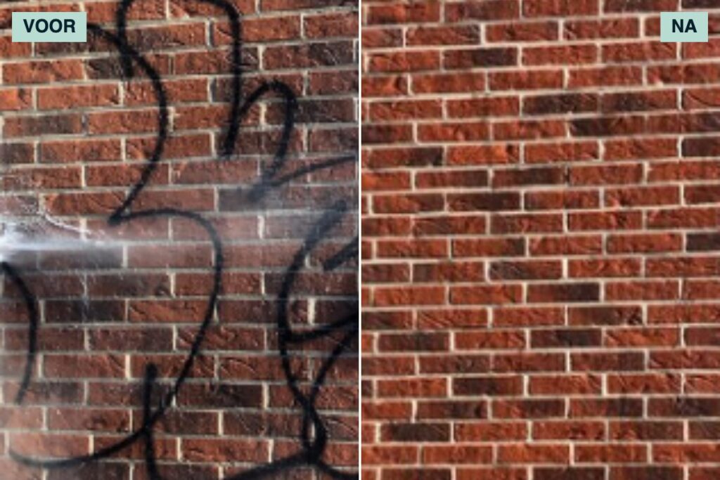 Graffiti verwijderd van een baksteengevel in Mortsel, voor en na